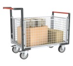Chariot modulaire grillagé 2 dossiers + 2 ridelles plateau bois 500 kg 1200 x 800 mm roue TPE en rectangle