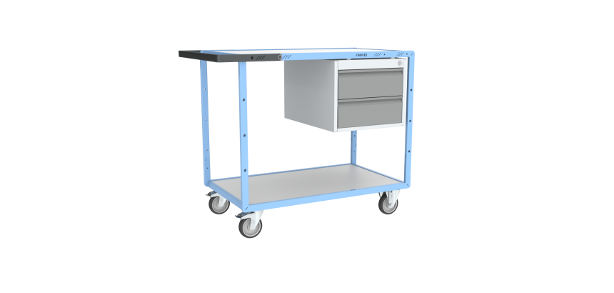 Servante établi équipée 1 bloc 2 tiroirs plateau bois mélaminé 250 kg roue TPE