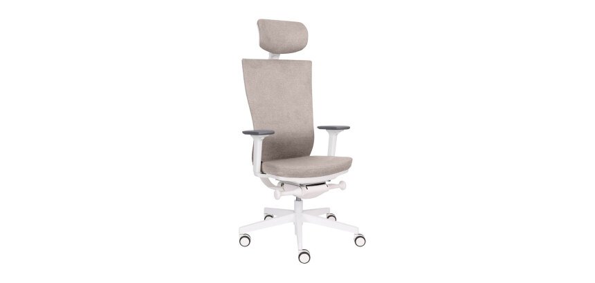 Chaise de bureau ergonomique Marti, tissu, mécanisme synchrone + réglage profondeur d'assise, appui-tête, accoudoirs 3D , piètement roulettes blanc