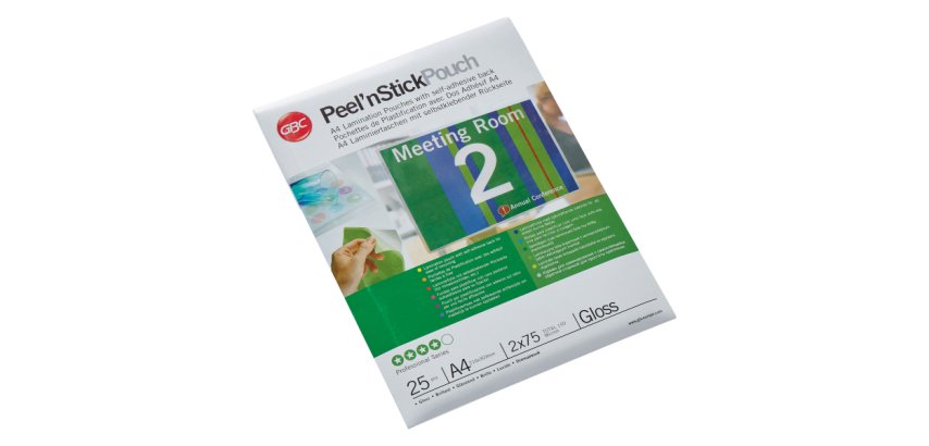 Paquete de 25 fundas de plastificación térmica autoadhesivas GBC Peel n’ Stick™ A4, 2 x 75 micras, brillante