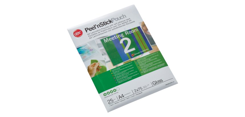 Paquete de 25 fundas de plastificación térmica autoadhesivas GBC Peel n’ Stick™ A4, 2 x 75 micras, brillante