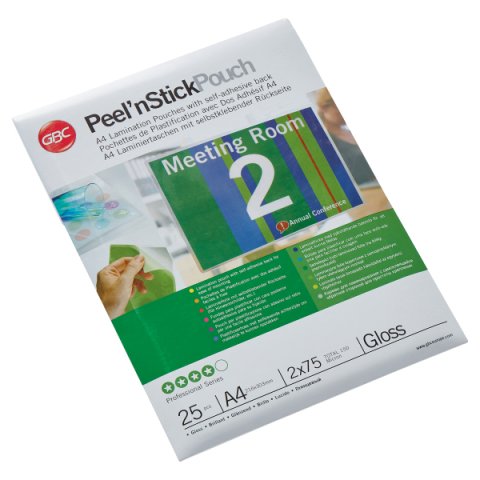 Paquete de 25 fundas de plastificación térmica autoadhesivas GBC Peel n’ Stick™ A4, 2 x 75 micras, brillante