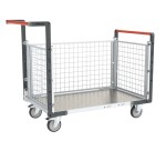 Chariot modulaire grillagé 2 dossiers + 1 ridelle plateau tôle galvanisée 250 kg 1000 x 600 mm roue TPE