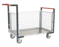 Chariot modulaire grillagé 2 dossiers + 1 ridelle plateau tôle galvanisée 250 kg 1000 x 600 mm roue TPE