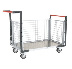 Chariot modulaire grillagé 2 dossiers + 1 ridelle plateau tôle galvanisée 250 kg 1000 x 600 mm roue TPE