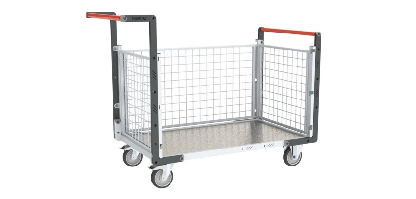 Chariot modulaire grillagé 2 dossiers + 1 ridelle plateau tôle galvanisée 250 kg 1000 x 600 mm roue TPE