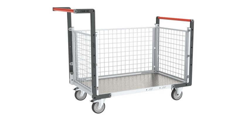 Chariot modulaire grillagé 2 dossiers + 1 ridelle plateau tôle galvanisée 250 kg 1000 x 600 mm roue TPE