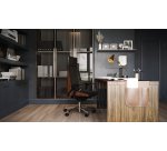 Chaise de bureau ergonomique Moon Wood Simili cuir, avec appui-tête, accoudoirs 3D, mécanisme synchrone + réglage profondeur d'assise, pieds chromé