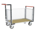 Chariot modulaire grillagé 2 dossiers + 1 ridelle plateau bois 500 kg 1000 x 600 mm roue TPE en rectangle