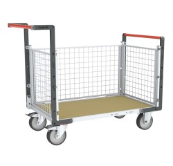 Chariot modulaire grillagé 2 dossiers + 1 ridelle plateau bois 500 kg 1000 x 600 mm roue TPE en rectangle