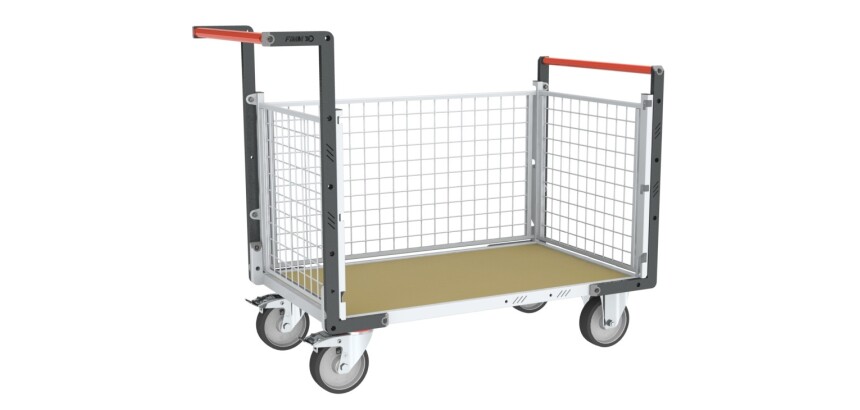 Chariot modulaire grillagé 2 dossiers + 1 ridelle plateau bois 500 kg 1000 x 600 mm roue TPE en rectangle