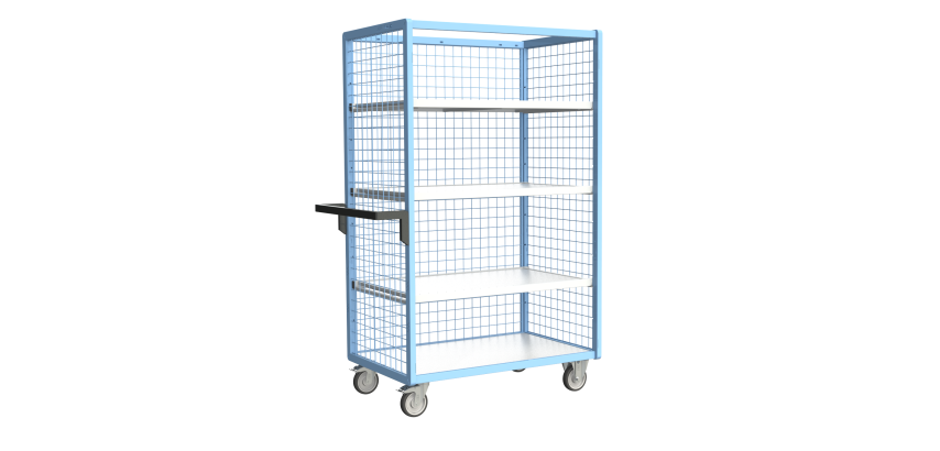 Servante grillagée 3 côtés avec 3 étagères plateau bois 250 kg 1000 x 600 mm roue TPE