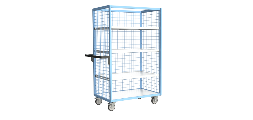 Servante grillagée 3 côtés avec 3 étagères plateau bois 250 kg 1000 x 600 mm roue TPE