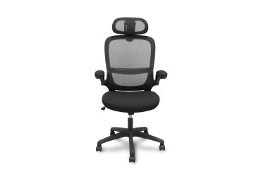 Chaise Pro525, dossier en maille noire, assise et appui-tête en tissu noir