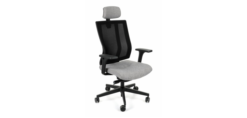 Ergonomischer Bürostuhl MAXPRO SCHWARZ, Stoff und Mesh, mit 2D-Armlehnen und Kopfstütze, Synchronmechanismus, schwarze Füße
