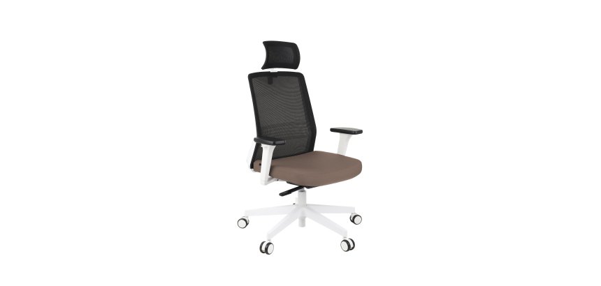 Ergonomischer Bürostuhl COCO Stoff und Netz, mit 3D-Armlehnen und Kopfstütze, synchroner Mechanismus, weiße Beine