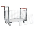 Chariot modulaire grillagé 2 dossiers + 2 ridelles plateau bois 250 kg 1000 x 600 mm roue TPE