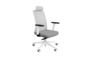Chaise de bureau ergonomique NICO tissu et maille, avec accoudoirs 3D, appuie-tête, mécanisme synchrone + réglage profondeur d'assise, pieds blancs