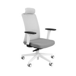 Chaise de bureau ergonomique NICO tissu et maille, avec accoudoirs 3D, appuie-tête, mécanisme synchrone + réglage profondeur d'assise, pieds blancs
