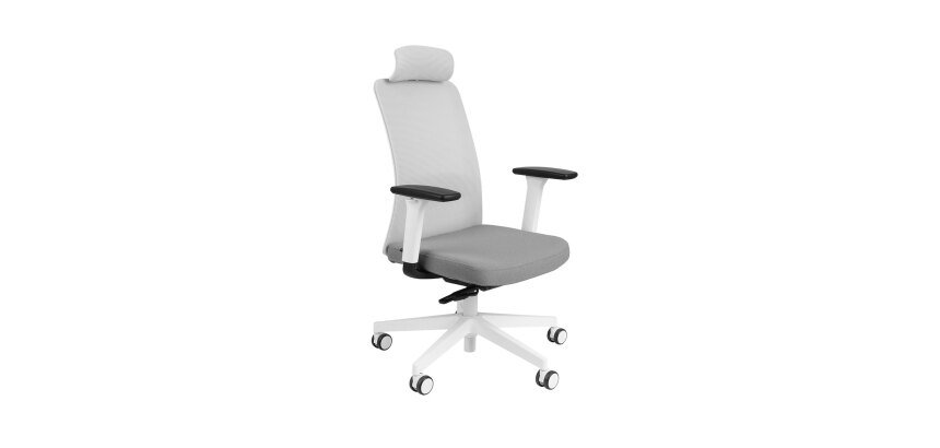 Chaise de bureau ergonomique NICO tissu et maille, avec accoudoirs 3D, appuie-tête, mécanisme synchrone + réglage profondeur d'assise, pieds blancs