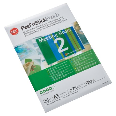 Paquete de 25 fundas de plastificación térmica autoadhesivas GBC Peel n’ Stick™ A3, 2 x 75 micras, brillante