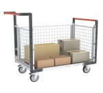 Chariot modulaire grillagé 2 dossiers + 1 ridelle plateau tôle galvanisée 250 kg 1000 x 600 mm roue TPE