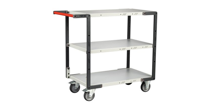 Servante Flatpack, 3 plateaux mélaminé, 850 x 500 mm, roues TPE, 250 kg