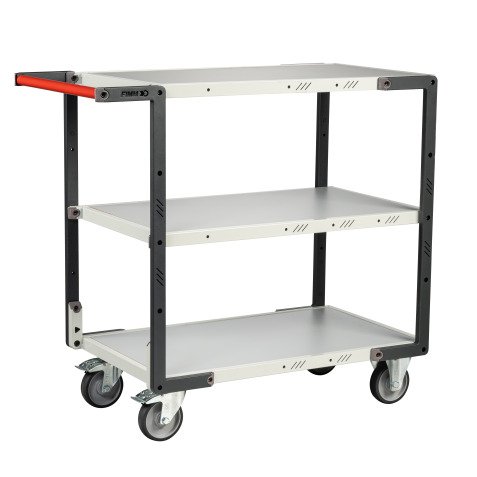 Servante Flatpack, 3 plateaux mélaminé, 850 x 500 mm, roues TPE, 250 kg