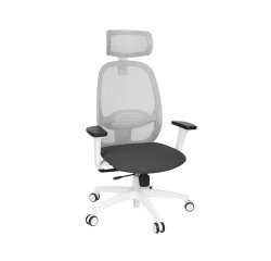 Fauteuil de bureau ergonomique NODI, tissu et maille, avec accoudoirs 3D et appui-tête, mécanisme synchrone, pieds blancs