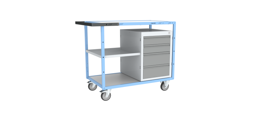 Servante établi équipée demi plateau tôle + 1 bloc 4 tiroirs plateau bois mélaminé 250 kg roue TPE
