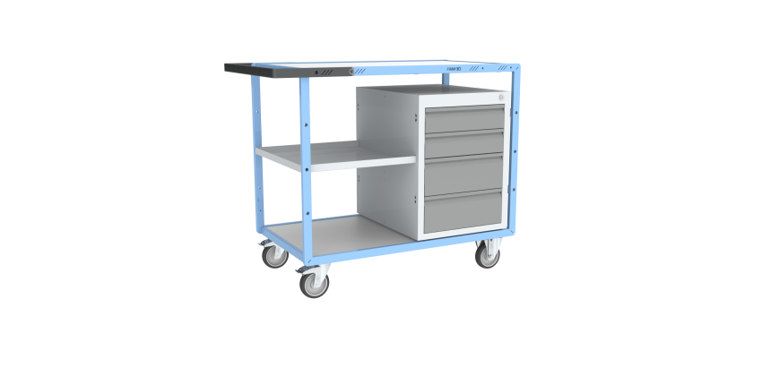 Servante établi équipée demi plateau tôle + 1 bloc 4 tiroirs plateau bois mélaminé 250 kg roue TPE