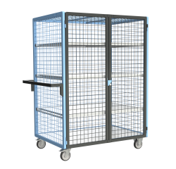 Servante grillagée 4 côtés, verrouillable, avec 3 étagères, plateau bois, 1200 x 800 mm, 250 kg