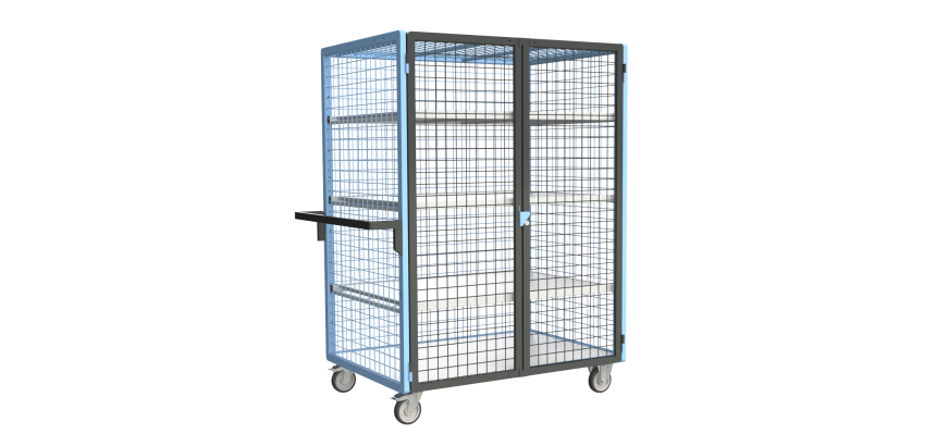 Servante grillagée 4 côtés, verrouillable, avec 3 étagères, plateau bois, 1200 x 800 mm, 250 kg