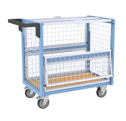 Chariot conteneur grillagé avec toit, 850 x 500 mm, 250 kg