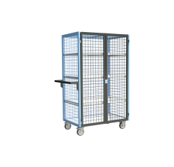 Servante grillagée 4 côtés, verrouillable, avec 3 étagères, plateau bois, 1000 x 600 mm, 250 kg