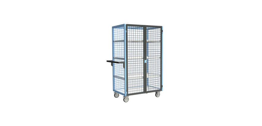 Servante grillagée 4 côtés, verrouillable, avec 3 étagères, plateau bois, 1000 x 600 mm, 250 kg