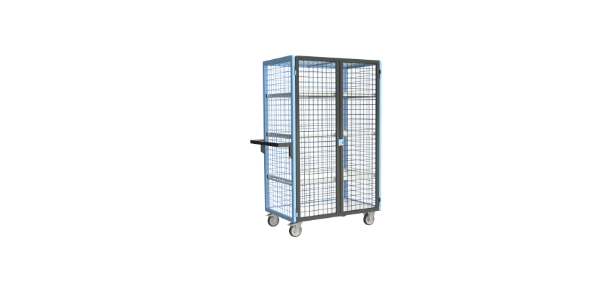 Servante grillagée 4 côtés, verrouillable, avec 3 étagères, plateau bois, 1000 x 600 mm, 250 kg