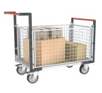 Chariot modulaire grillagé 2 dossiers + 2 ridelles plateau bois 500 kg 1000 x 600 mm roue TPE en rectangle