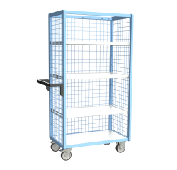 Servante grillagée 3 côtés avec 3 étagères plateau bois 250 kg 850 x 500 mm roue TPE