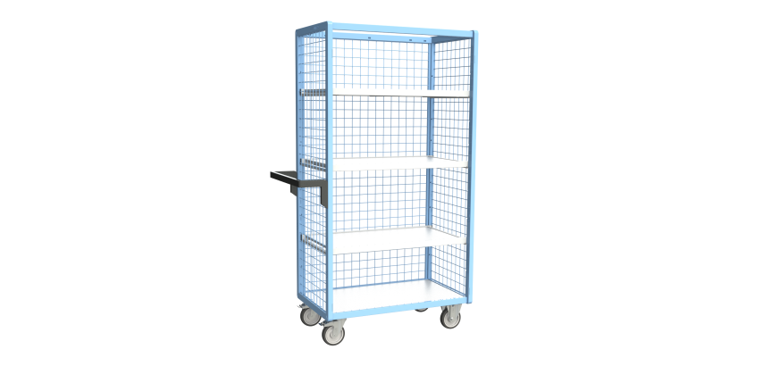 Servante grillagée 3 côtés avec 3 étagères plateau bois 250 kg 850 x 500 mm roue TPE