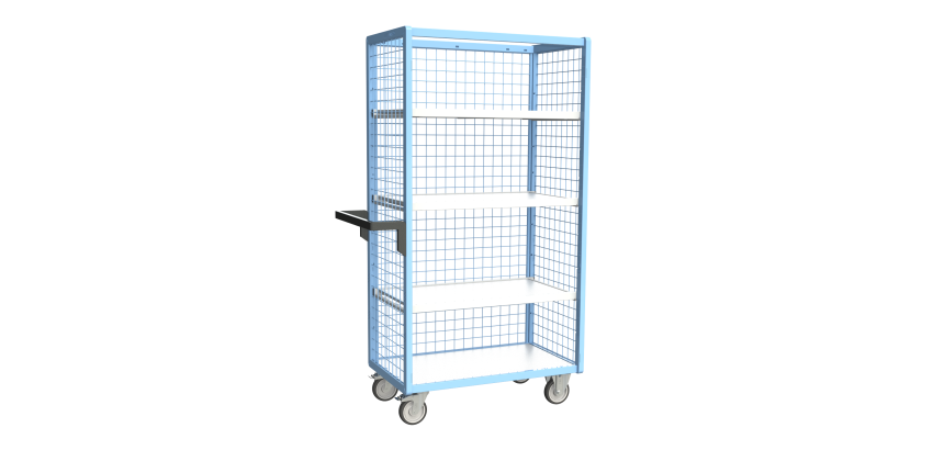 Servante grillagée 3 côtés avec 3 étagères plateau bois 250 kg 850 x 500 mm roue TPE