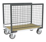 Chariot modulaire grillagé 2 ridelles plateau bois 500 kg 1200 x 800 mm roue TPE en rectangle