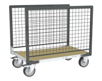 Chariot modulaire grillagé 2 ridelles plateau bois 500 kg 1200 x 800 mm roue TPE en rectangle