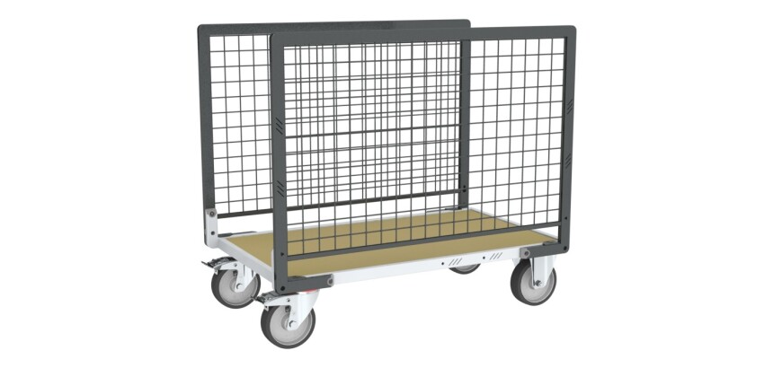 Chariot modulaire grillagé 2 ridelles plateau bois 500 kg 1200 x 800 mm roue TPE en rectangle