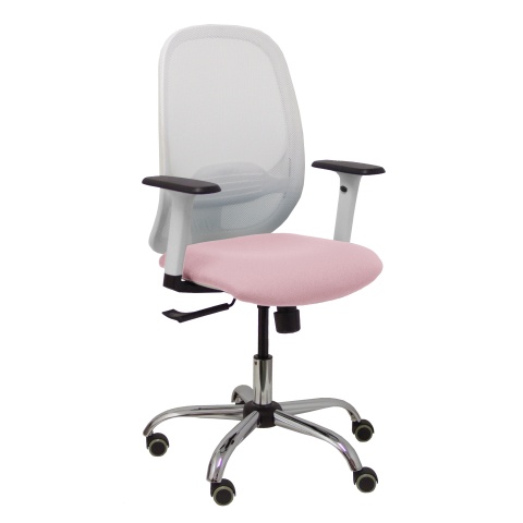Silla Cilanco blanca malla blanca asiento bali rosa brazo regulable base cromada ruedas de parque