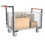 Chariot modulaire grillagé 2 dossiers + 2 ridelles plateau bois 250 kg 850 x 500 mm roue TPE