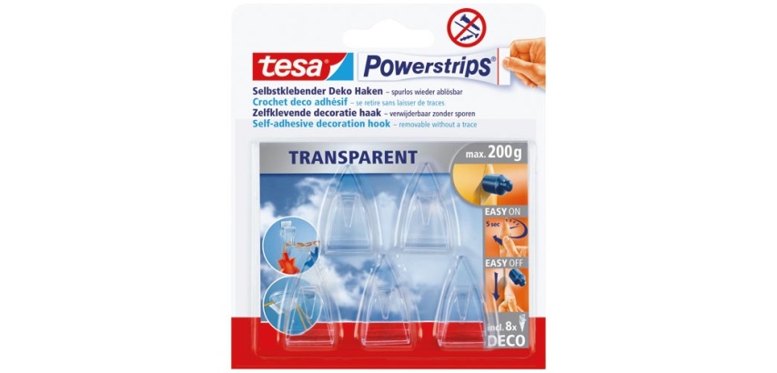 Crochet - Powerstrips - déco - supporte 0.2 Kg - transparent - lot de 5