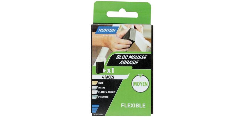 Eponge abrasive - bloc mousse - 4 faces - grain moyen - flexible - L : 100