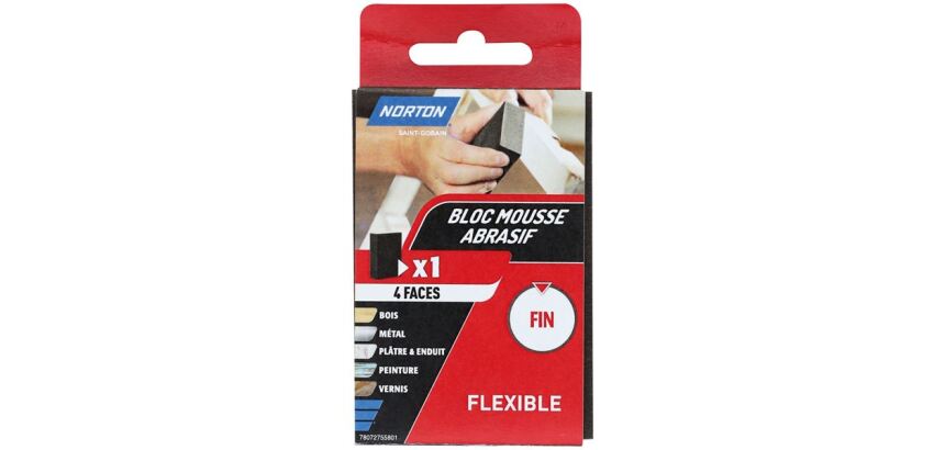 Eponge abrasive - bloc mousse - 4 faces - grain fin - flexible - L : 100 mm