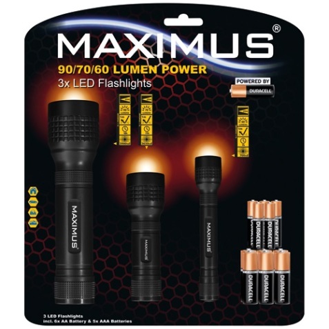 Lampe torche de 60 à 90 lm - de 1 à 3W - IP20 - lot de 3 - noir